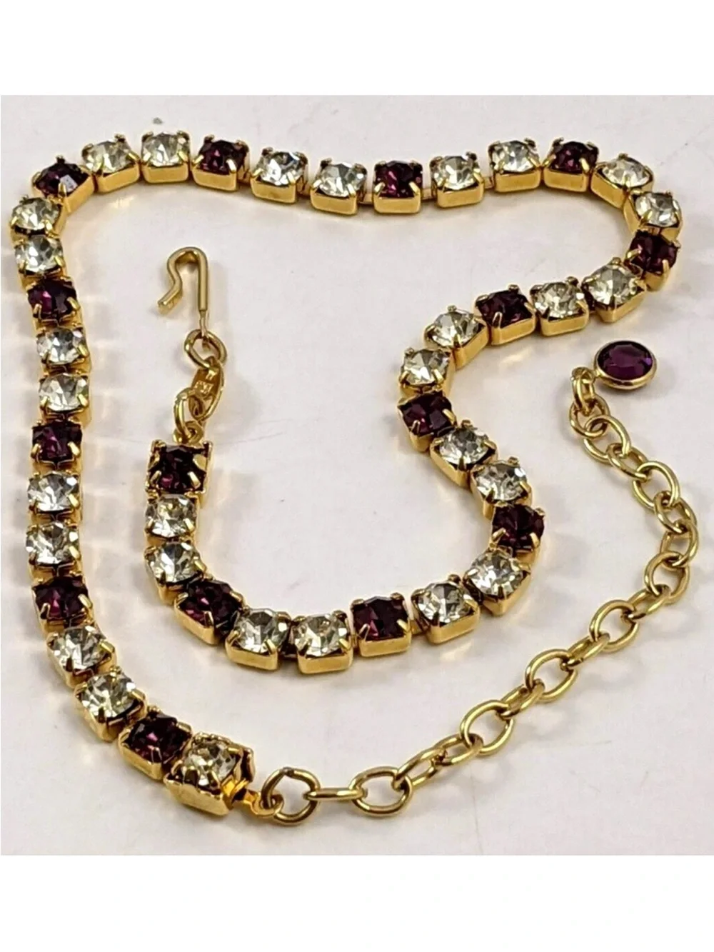 Vintage Trifari Gold Tone Choker Necklace Prong Set Amethyst And Clear Crystals